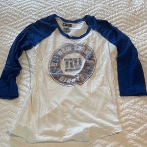 Blue and White Long Sleeve Raglan Tee with Graphic Design